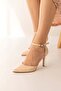 Beige Snake Leather Si Patterned 8.5cm Stiletto Pointed Toe Women's Heeled Shoes - 8
