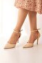 Beige Snake Leather Si Patterned 8.5cm Stiletto Pointed Toe Women's Heeled Shoes - 6