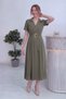 Women's Double-Breasted Collar Gold Detail Belted Dress Brown, Khaki, Black