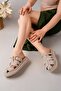 Women's Beige Suede Gladiator Closed-Front Buckle Slippers - 3