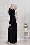 Balloon Sleeve Stoned Water Evening Dress-Black - 6