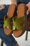 Khaki Green Genuine Leather Slippers Tr31My54G