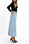 Long Denim Skirt with Flower Embroidery Detail - Light Blue - 2