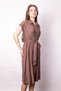 Women's Drop-Shoulder Waist Ruched Pocketed Belt Li Midi Length Below Knee Dress-Brown - 4