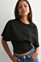 Diving Fabric Waist-Fitted Crew Neck Wide Short Sleeve Blouse