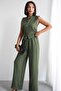 Women's High Collar Sleeveless Brooch Top Wide Leg Bottom Linen Set - 4