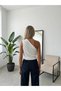 Women's White Asymmetrical One-Shoulder Draped Gold Accessory Detail Sandy Blouse Hzl26S-Fry123751 - 6