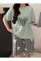 Heart Print Round Neck T-Shirt and Checked Shorts Set - 5