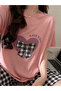 Heart Print Round Neck T-Shirt and Checked Shorts Set