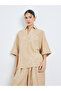Beige Floral Print Open Collar Top and Pants Modest Set - 3