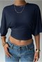 Women's Navy Blue Cropped Blouse Half Sleeve Loose Fit High Waist Ruched Basic T-Shirt - 3
