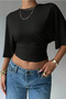 Women's Black Cropped Blouse Half Sleeve Loose Fit High Waist Ruched Basic T-Shirt - 2