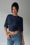 Women's Navy Blue Cropped Blouse Half Sleeve Loose Fit High Waist Ruched Basic T-Shirt - 2