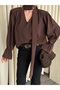 Brown Ruffle Detail Padded Shoulders Blouse - 1016 - 2