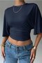 Women's Navy Blue Cropped Blouse Half Sleeve Loose Fit High Waist Ruched Basic T-Shirt - 4