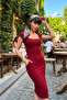 Women's Oval Collar Stretchy Fabric Body Hugging Pencil Ribbed Knit Dress - 2