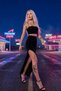 Women's Sandy Fabric, Fitted Style, Strappy C Cropped Bustier and High Waist Slit Skirt, Two-Piece Set - 2