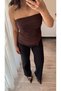 Women's Brown Ruched Detail Slit Strapless Cotton Blouse - 3