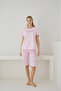 Women's Single Jersey Fabric Heart Patterned Capri Pink Pajama Set