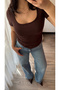 Women's Brown U-Neck Cotton Soft Basic Blouse - 4