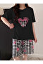 Plus Heart Print Round Neck Short Sleeve Top and Checked Shorts Pajama Set - 5