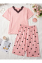 Plus Size Lace Detail Top and Heart Print Shorts Set