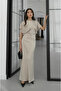 Beige Waist-Fitted Long Satin Dress - 2488