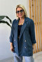 Navy Blue Buttoned Three-Quarter Sleeve Blazer Jacket - 5