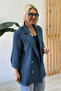 Navy Blue Buttoned Three-Quarter Sleeve Blazer Jacket - 4
