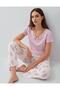 Women's Short Sleeve Pajama Set 50% Cotton 50% Modal – Patterned Pajama Bottoms with Pockets, Full Length