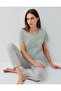Women's Water Green Short Sleeve Buttoned Collar Pajama Set – 50% Cotton 50% Modal, Drawstring with Pockets
