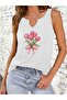 Women's Floral Printed Half V-Neck Sleeveless Regular Fit Casual T-Shirt - 2