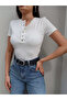 Women's Ribbed Knit Snap Fastener Blouse Ecru 10849-1