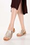 Genuine Leather Short Heeled Daily Perforated Shoes Slipper Ez.1129Al Gold - 3