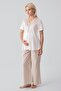 Short Sleeve Striped Buttons Woven Cotton Piece Stretchy Viscose Maternity Dressing Gown Pajama Set - 3