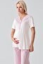 Short Sleeve Striped Buttons Woven Cotton Piece Stretchy Viscose Maternity Dressing Gown Pajama Set - 7