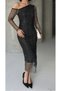 Women's Black Glittery Tulle Detail Asymmetrical One Shoulder Long Sleeve Midi Evening Dress - 2