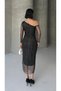 Women's Black Glittery Tulle Detail Asymmetrical One Shoulder Long Sleeve Midi Evening Dress - 4