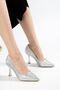 K-114 Silver Sequin Patterned Pointed Toe Heeled Women's Shoes