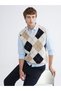 Beige V-Neck Diamond Patterned Men's Knitwear Sweater