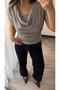 Women's Gray Degaje Collar Soft Blouse with Cotton Sleeves - 3