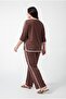 Women's Plus Size Stripe Detail Printed Sho Fabric Brown Tracksuit Set - 6