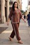 Women's Plus Size Stripe Detail Printed Sho Fabric Brown Tracksuit Set - 2