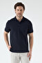 Volfe Men's Navy Blue 100% Cotton Collar Detailed Pique Knitted Stretch Fabric Slim Fit Polo T-Shirt - 2