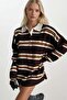 Striped Buttoned Polo Neck Knitwear Blouse