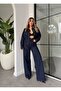 Women's Denim Sets Navy Blue Stone Embroidered O Oversized High Waist Wide Leg Pants Jacket Two Piece Set - 5