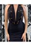 Women's Black Degaje Collar Stoned Mini Dress - 3