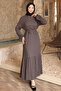 Anthracite Elastic Sleeves Buttoned Waist Tie-Detail Gofre Dress - 2