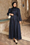 Navy Blue Balloon Sleeve Belted Dress