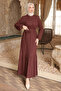 Brown Elastic Sleeves Buttoned Waist Tie-Detail Gofre Dress - 3